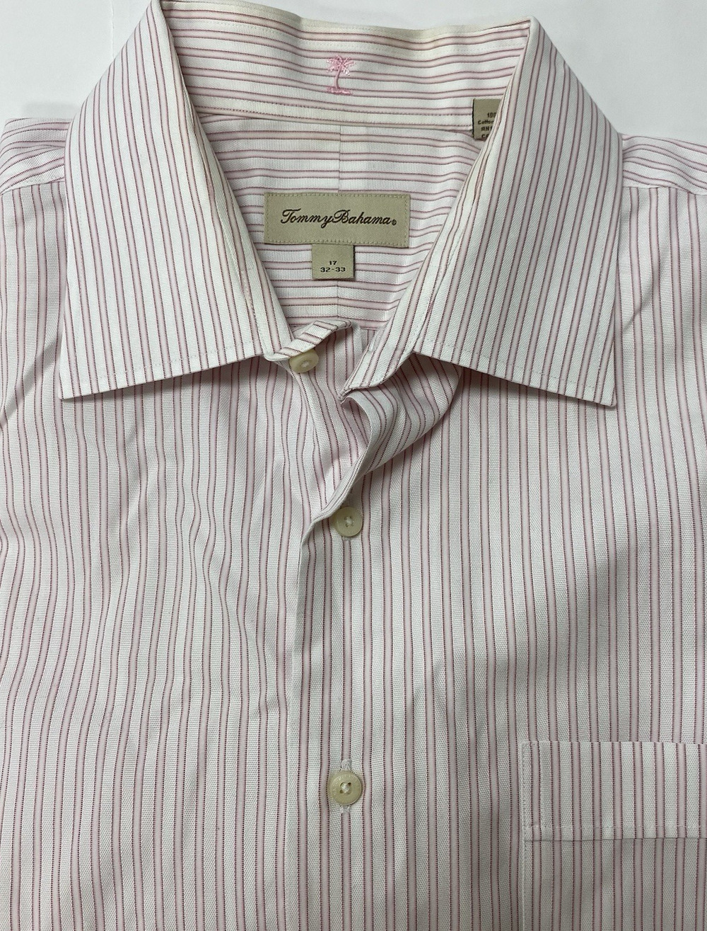 Tommy Bahama Men's 17 Shirt Long Sleeve 100% Cotton White w/ Pink Stripes 32-33